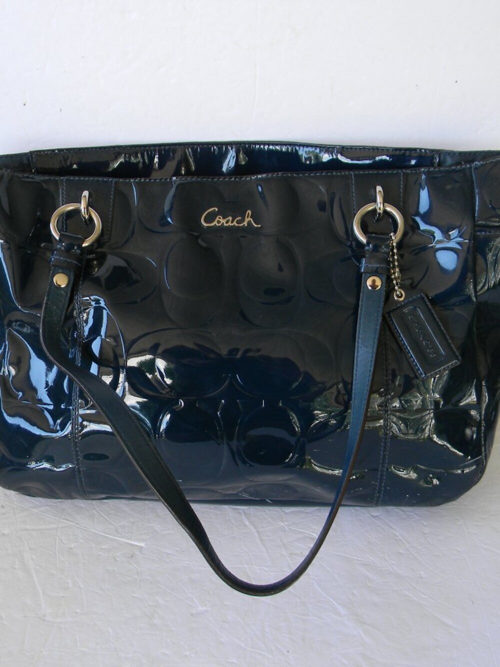 COACH "C" LOGO PATENT LEATHER DARK TEAL TOTE HANDBAG PRETTY💕F17728 SIGNATURE